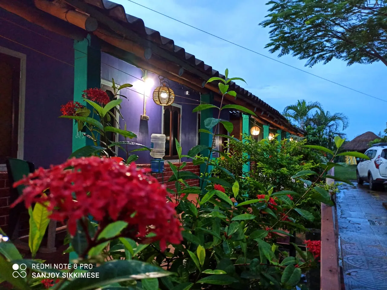 Resort garden with garden lights in the evening
